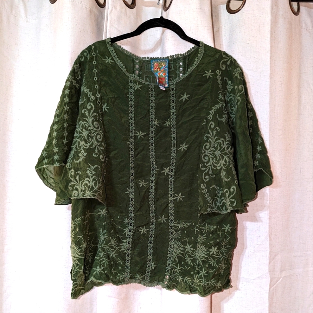 Johnny Was Olive Green Cupra Rayon Lace Flutter Sleeve Blouse XS